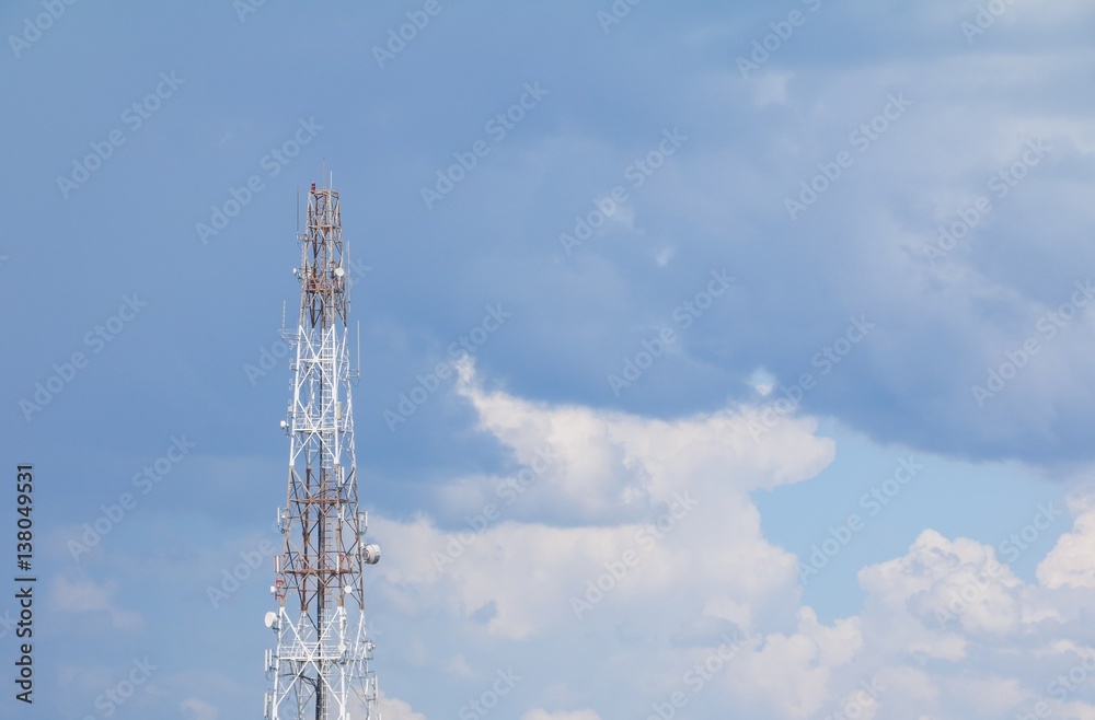 Telecommunication tower with antennas communication, telecom radio telephone mobile phone on sky background Telecommunication tower with antennas communication, telecom radio telephone mobile phone on sky background