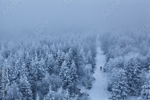 Einsamer Wanderer in nebligem Wald im Winter © Ralf