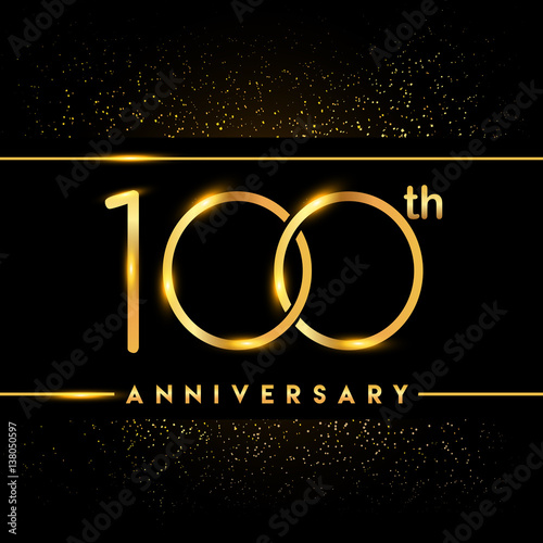 Celebrating of 100 years anniversary, logotype golden colored isolated on black background and confetti, vector design for greeting card and invitation card