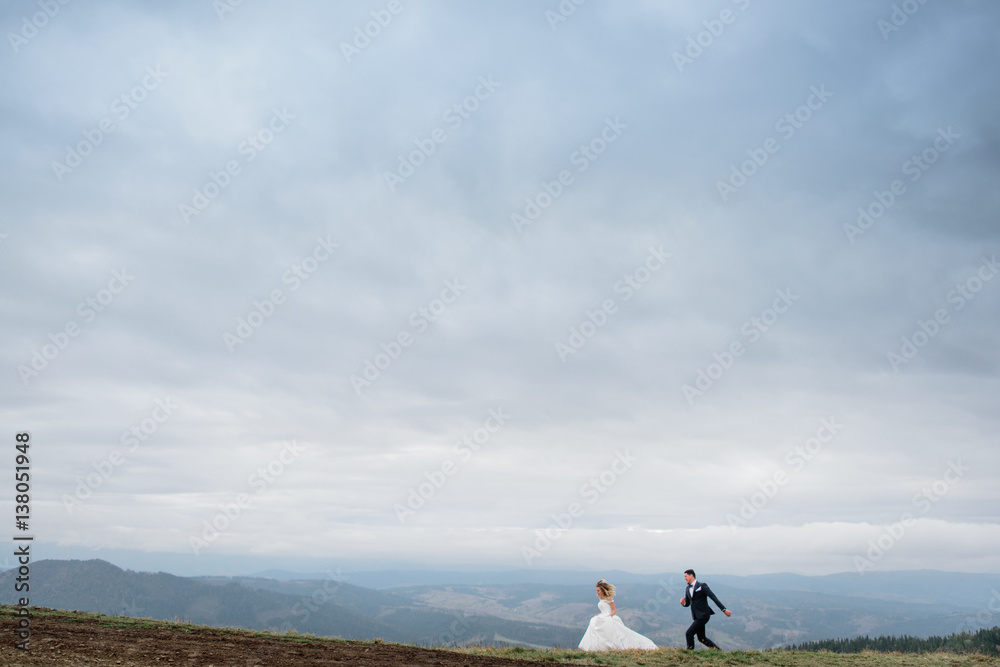 Obraz premium The charming brides running along field