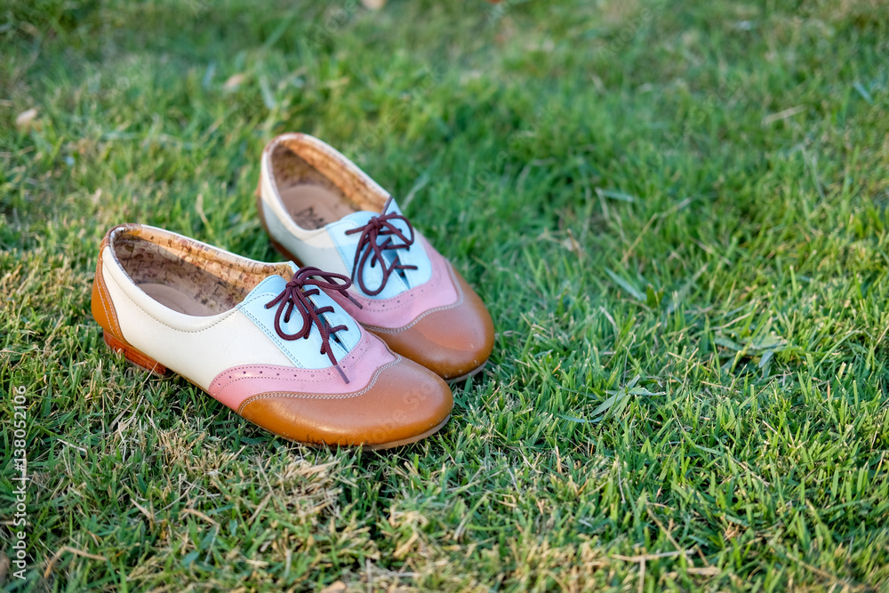 Fototapeta premium shoes on green summer grass in park.