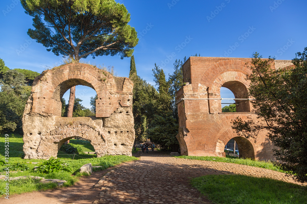 Rome, Italy. The ruins of the aqueduct Aqua Claudia on the Palatine Hill, I cent. AD
