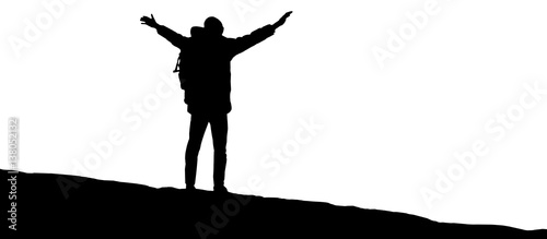Silhouette man tourist standing on a mountain top and holding his hands up. Traveler isolated on white background.