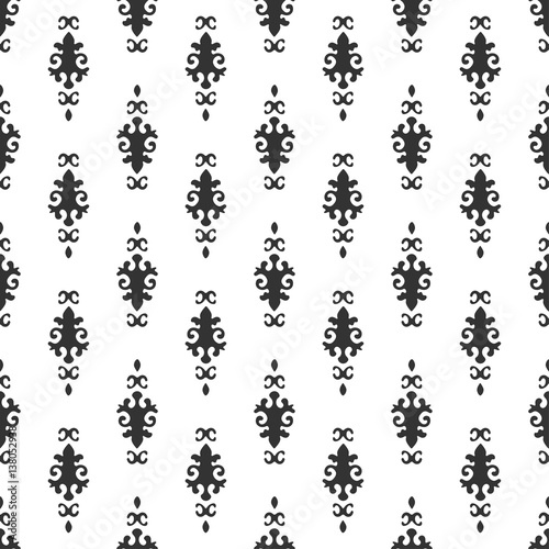 Black and white vector background. Beautiful queen seamless pattern with fleur de lys ornament elements. Royal signs in style of fashion illustration. Excellent textile, fabric, paper design.