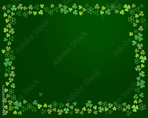 Abstract Ireland clover background for your Patrick's day greeting card design. Shamrock clover leaves frame isolated on dark green background. Vector illustration
