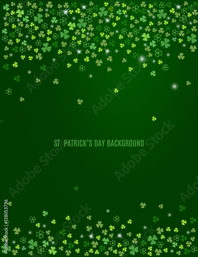 Sparkling clover shamrock leaves isolated on dark green background. Abstract St. Patrick's day border background with place for your text for your greeting cards design or poster. Vector illustration