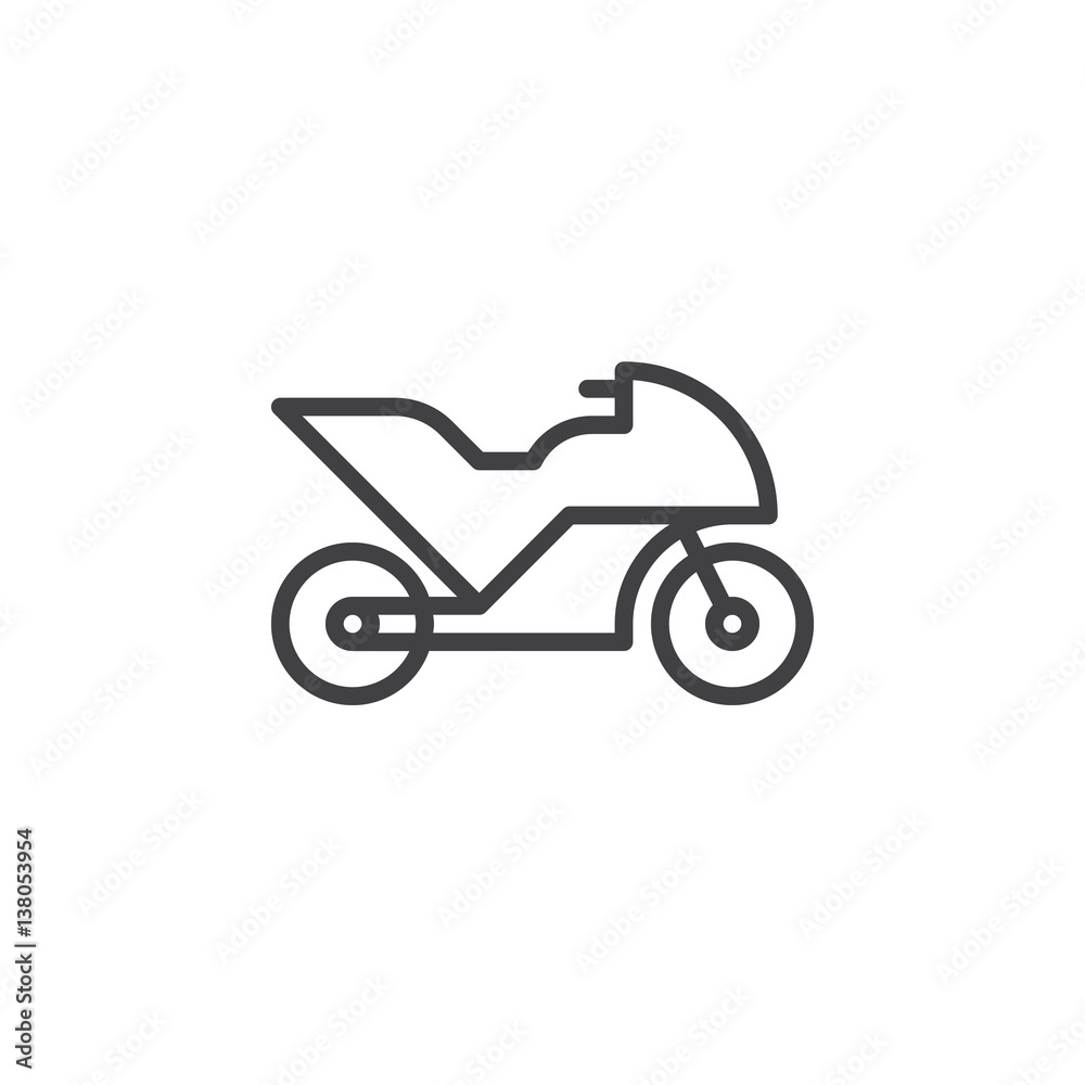 Motorcycle, motorbike, bike line icon, outline vector sign, linear style pictogram isolated on white. Symbol, logo illustration Motorcycle, motorbike, bike line icon, outline vector sign, linear style pictogram isolated on white. Symbol, logo illustration