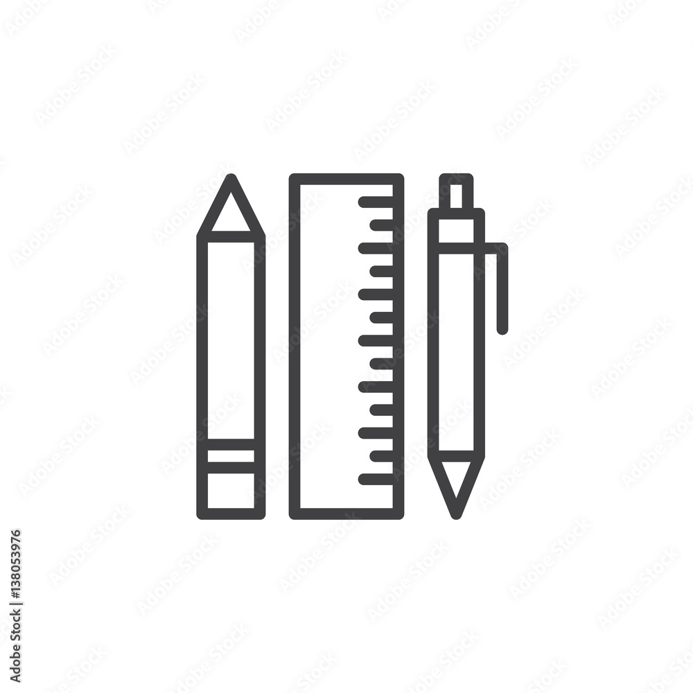 Pen, pencil and ruler line icon, outline vector sign, linear style pictogram isolated on white. Stationery symbol, logo illustration