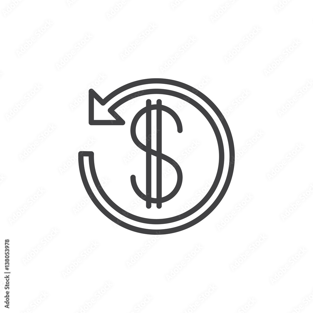 Dollar sign with arrow around line icon, outline vector sign, linear style pictogram isolated on white. Cashback symbol, logo illustration Dollar sign with arrow around line icon, outline vector sign, linear style pictogram isolated on white. Cashback symbol, logo illustration