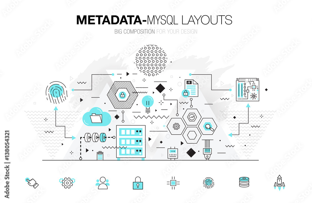 Metadata trendy modern mysql layouts thin line composition, server analysis and internet operations. Made in awesome geometry style with linear pictogram of future for web design. Metadata trendy modern mysql layouts thin line composition, server analysis and internet operations. Made in awesome geometry style with linear pictogram of future for web design.