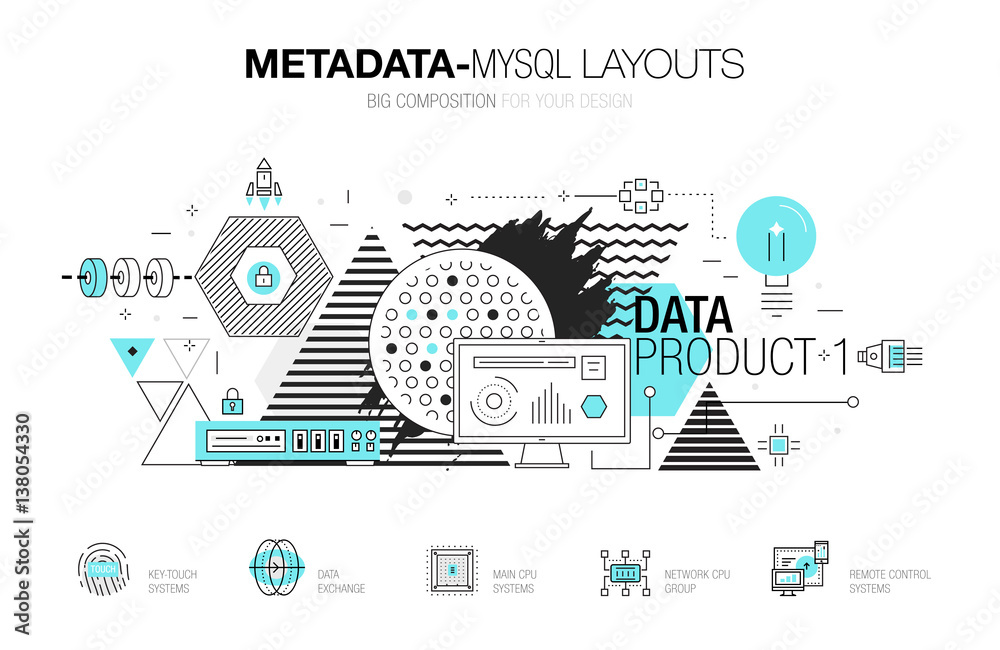 Metadata trendy modern mysql layouts thin line composition, server analysis and internet operations. Made in awesome geometry style with linear pictogram of future for web design.
