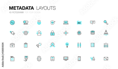 Metadata trendy modern thin line icons set development  analysis and server operations. Original pack with linear pictogram collection of future for web design in slim style.
