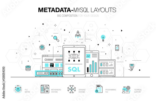 Metadata trendy modern mysql layouts thin line composition, server analysis and internet operations. Made in awesome geometry style with linear pictogram of future for web design.