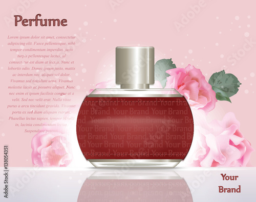 Perfume cosmetics and perfume ads template. Silver bottle sparkling backgroun...