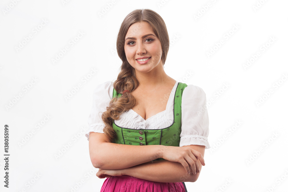 Portrait of young caucasian woman in traditional Bavarian dress. Portrait of young caucasian woman in traditional Bavarian dress.