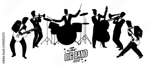Jazz Swing Orchestra. Silhouettes vector illustration. 50's or 60's style musicians photo