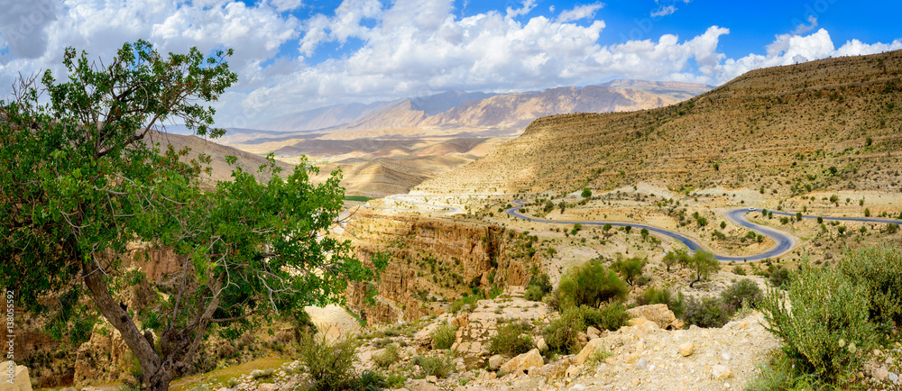 road winding along the mountain gorge in the southern part of Iran, green bushes grow on slopes, a set of beautiful clouds in the sky