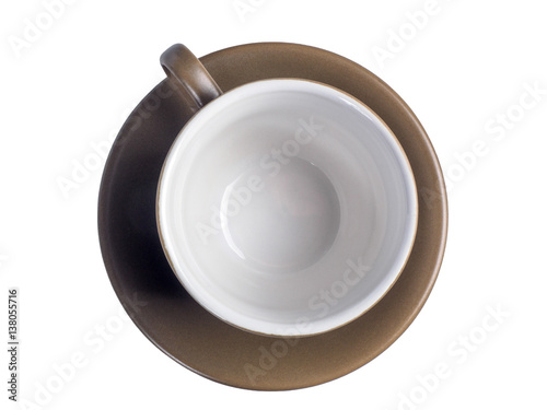 Grey ceramic cup and saucer photographed from the top isolated on white background. Empty clean coffee Cup closeup, top view
