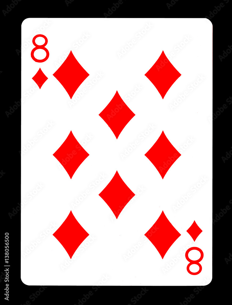 Eight of diamonds playing card, isolated on black background.