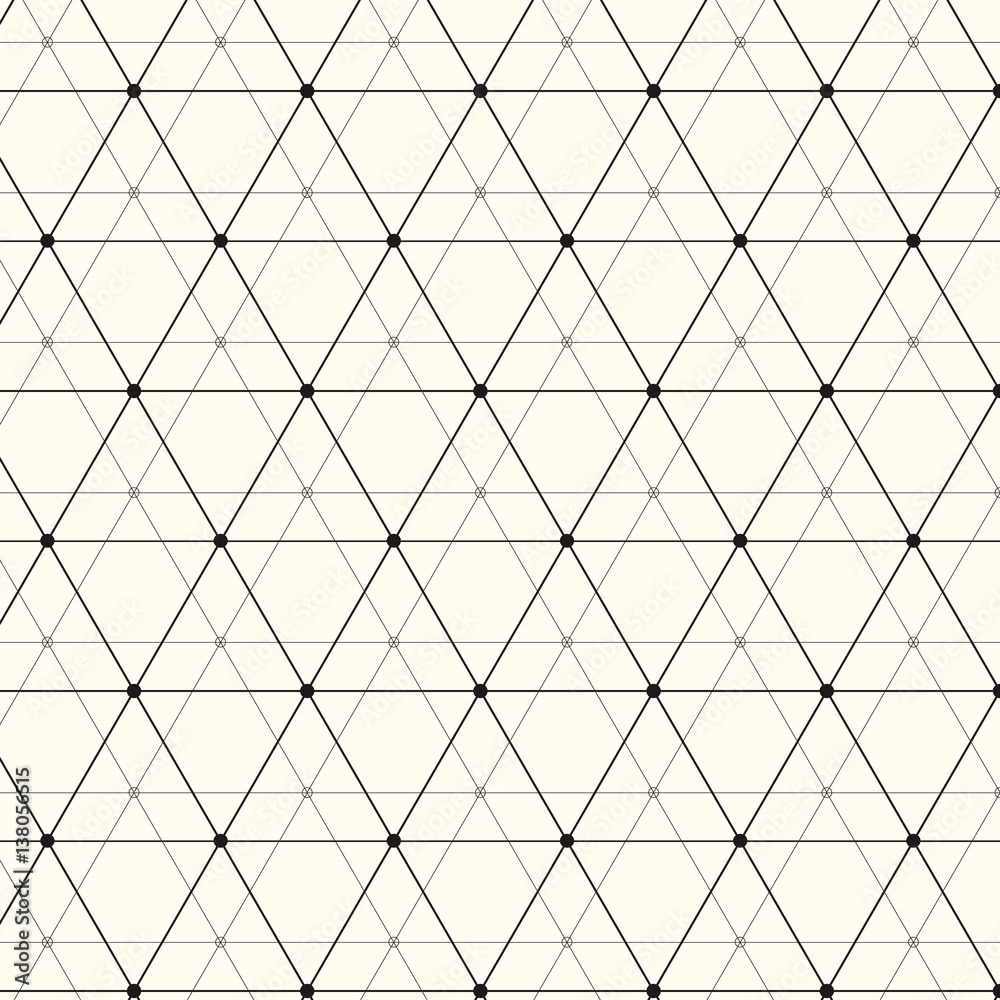 Vector seamless pattern. Modern stylish texture. Repeating geometric background with linear triangles, rhombuses and circles in nodes. Trendy hipster sacred geometry. Vector seamless pattern. Modern stylish texture. Repeating geometric background with linear triangles, rhombuses and circles in nodes. Trendy hipster sacred geometry.