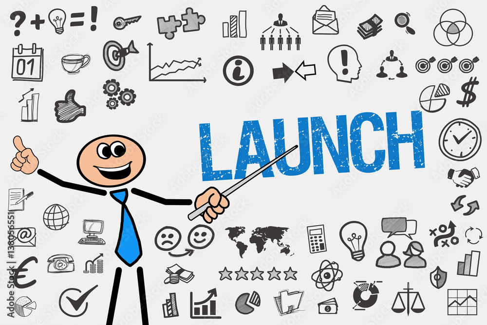 Launch / Mann mit Symbole Stock Illustration | Adobe Stock