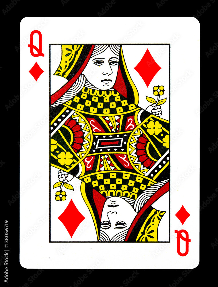 Queen of Diamonds playing card, isolated on black background.