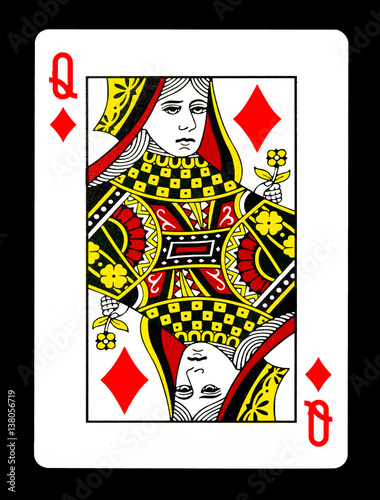 Queen of Diamonds playing card  isolated on black background.