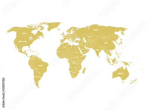 Golden political World map with country borders and white state name labels. Hand drawn simplified vector illustration.