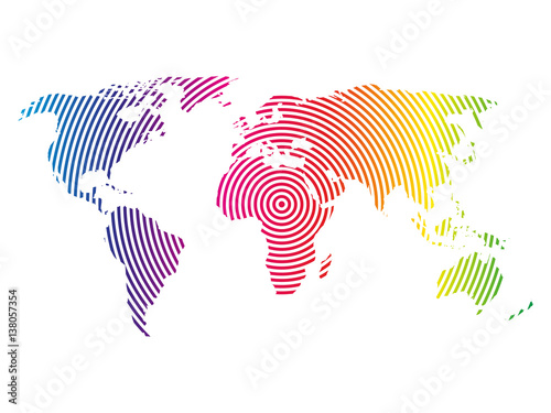 World map of rainbow spectre concentric rings on white background. Worldwide communication radio waves concept Modern design vector wallpaper.