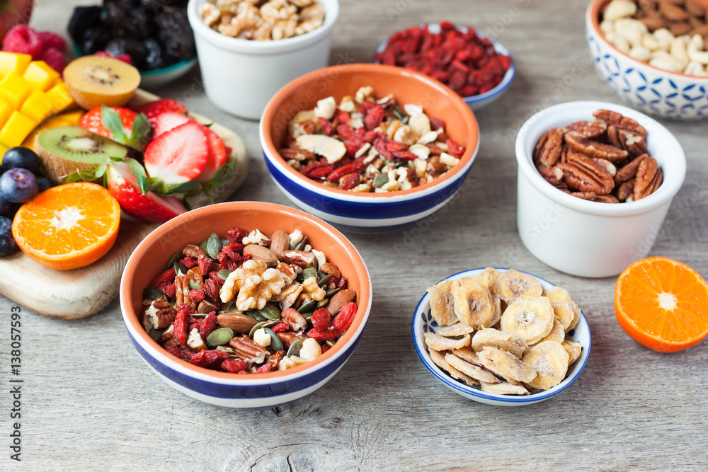 Paleo style nut cereal with fruits and berries on the wooden table, selective focus Paleo style nut cereal with fruits and berries on the wooden table, selective focus