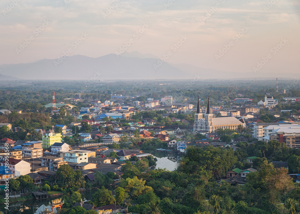 Cityscape Chantaburi with Maephra Patisonti Niramon landmarks in Chantaburi province, Thailand