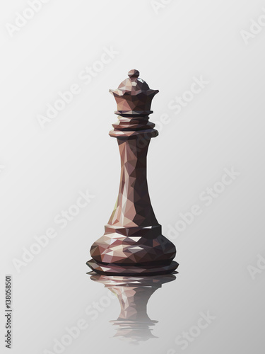 Low poly 3d design of queen chess piece. Vector triangulation with reflection.