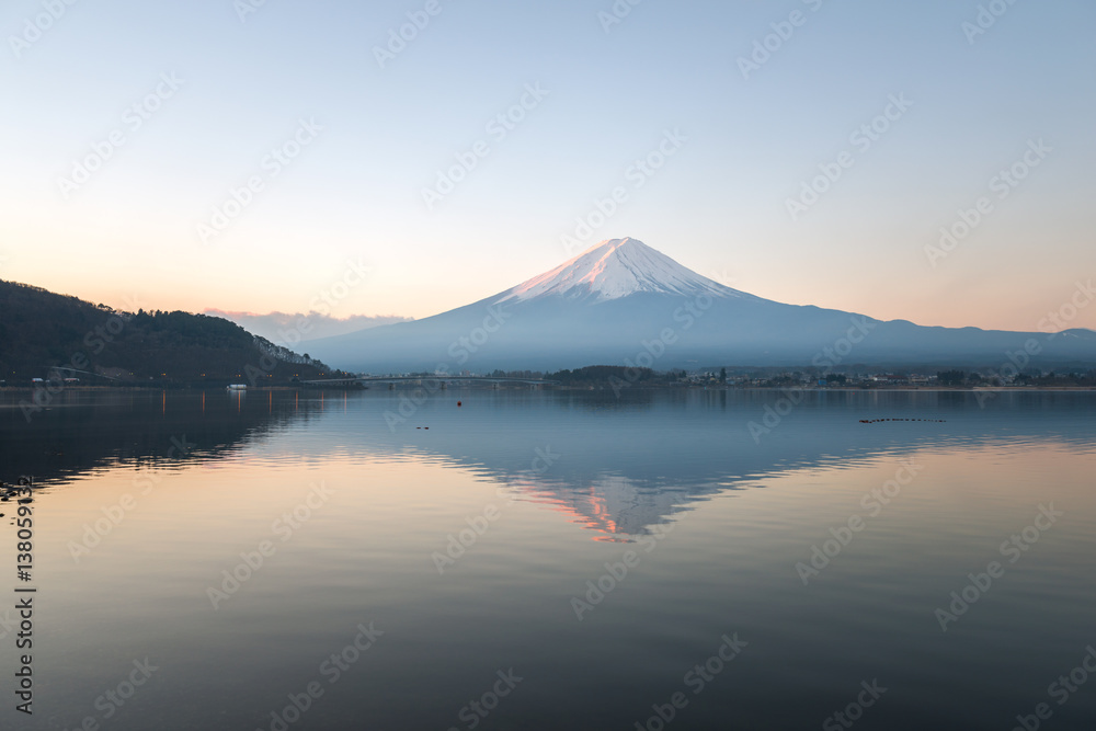 Mount fuji-san reflection on sunrise at Lake kawaguchiko in japan