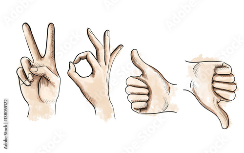  Illustration of Thumbs up and down Set of gestures by hands