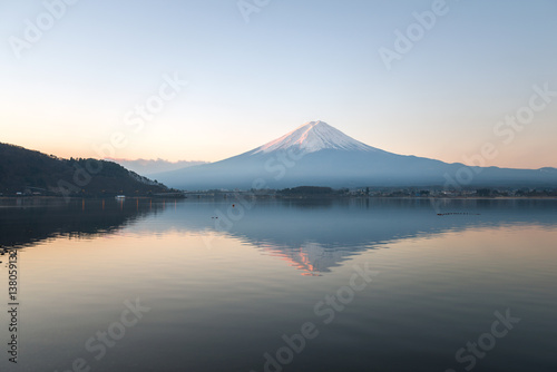 Mount fuji-san reflection on sunrise at Lake kawaguchiko in japan