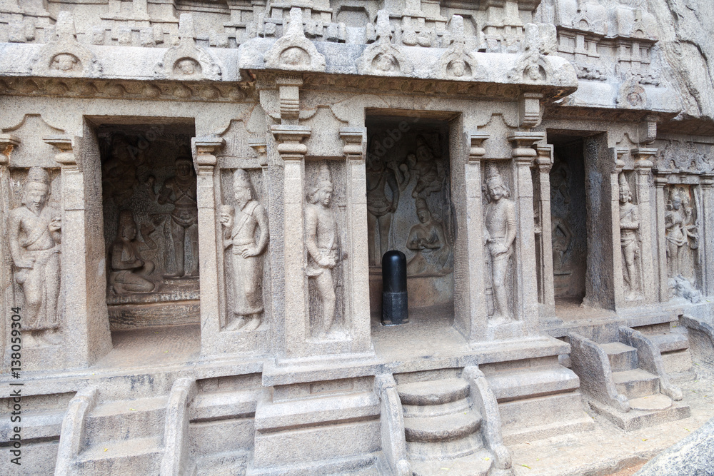 Trimurti Cave Temple Mahabalipuram,  Coromandel Coast of the Bay of Bengal in Kancheepuram District in Tamil Nadu, India