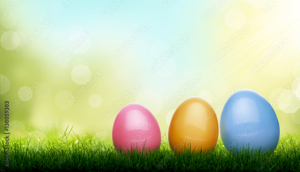 Decorated Easter Eggs, blades of Green Grass with a blurred bokeh sky blue and green garden foliage background.