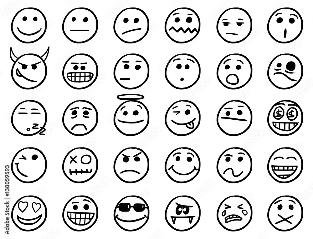 Smiley Vector Hand Drawings Icon Set in Black and White Smiley Vector Hand Drawings Icon Set in Black and White