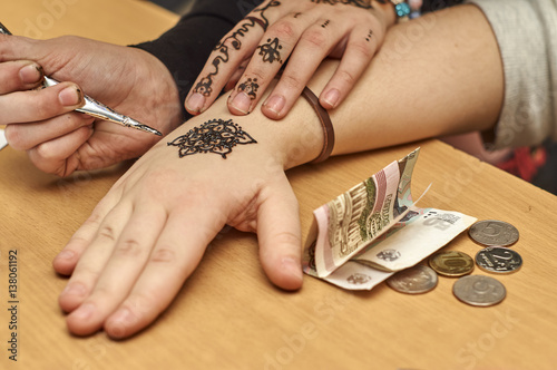 Drawing patterns by henna on the hands