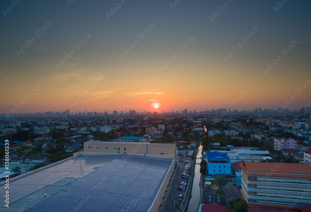 Aerial sunset  shot of  Bangkok skyline with open clear sky