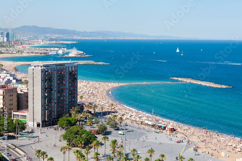 Barceloneta beach in Barcelona, Spain. Aerial view
