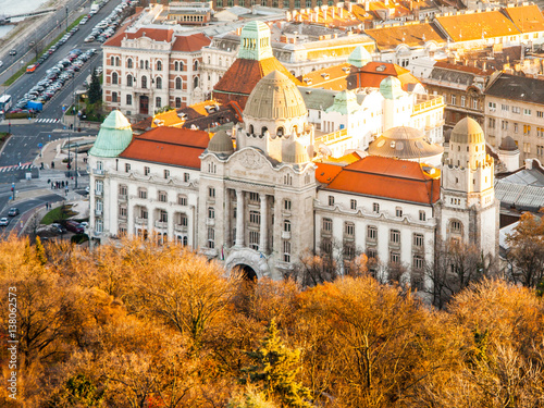 Aerial view of Gellert thermal spa historical building from Gellert Hill, Budapest, Hungary, Europe. photo
