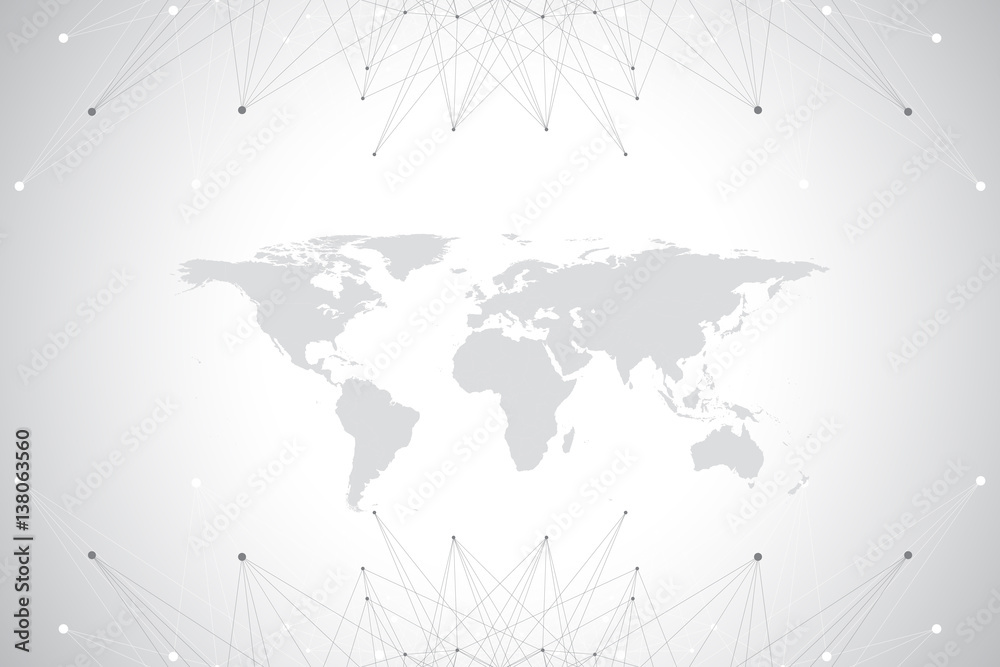 Political World Map with global technology networking concept. Digital data visualization. Lines plexus. Big Data background communication. Scientific vector illustration. Political World Map with global technology networking concept. Digital data visualization. Lines plexus. Big Data background communication. Scientific vector illustration.