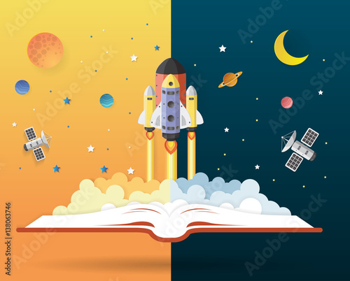 Open book with solar system, space shuttle, planets, stars, Earth, comet.paper art