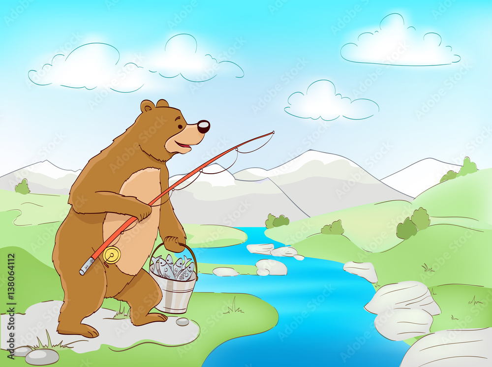 bear with fish and fishing rod, river and mountains landscape. vector  cartoon illustration Stock Vector