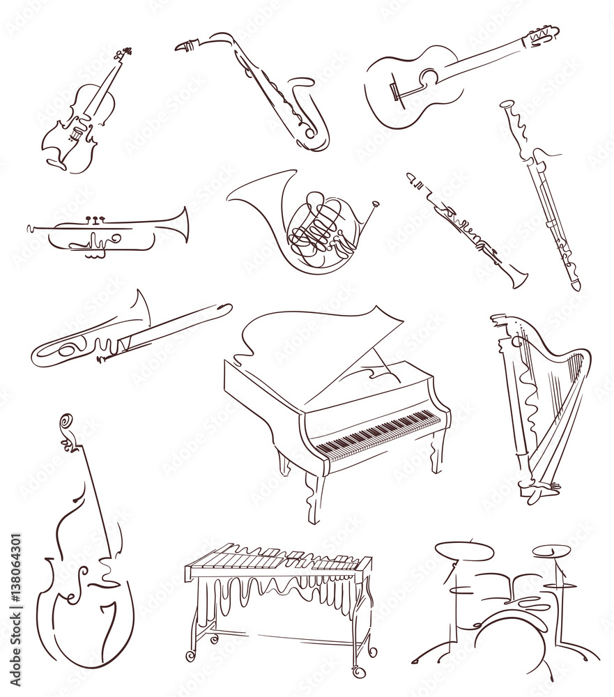 Naklejka premium Set of classical musical instruments made in abstract hand drawn style. Vector
