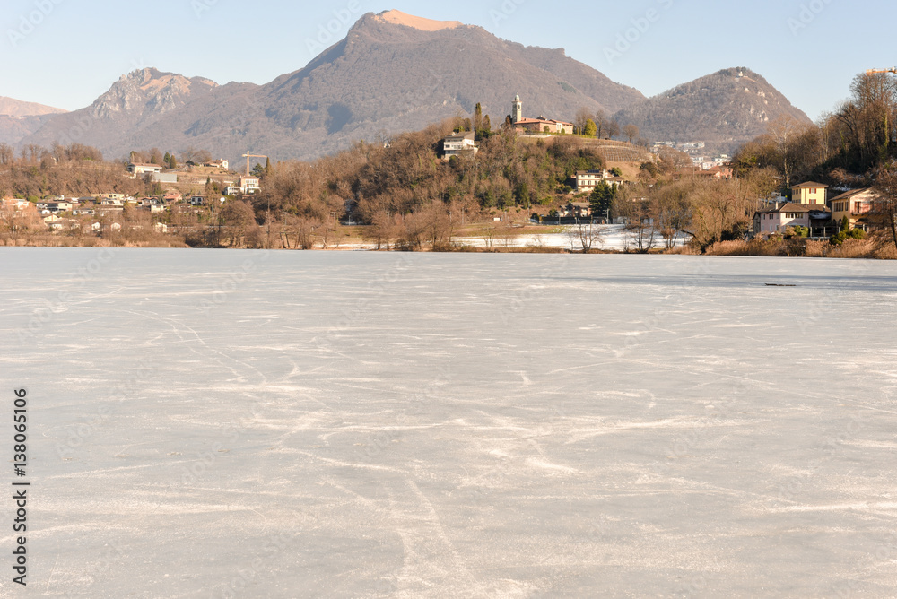 Frozen lake of Muzzano near Lugano