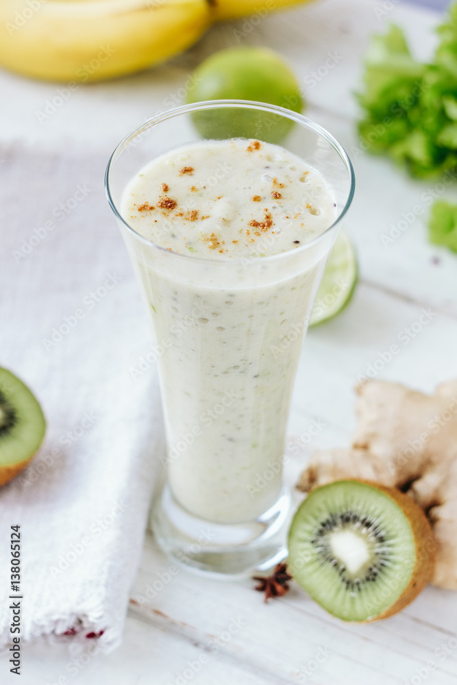 Vegan drink - smothie made from fresh ginger and fruits. Vegan drink - smothie made from fresh ginger and fruits.