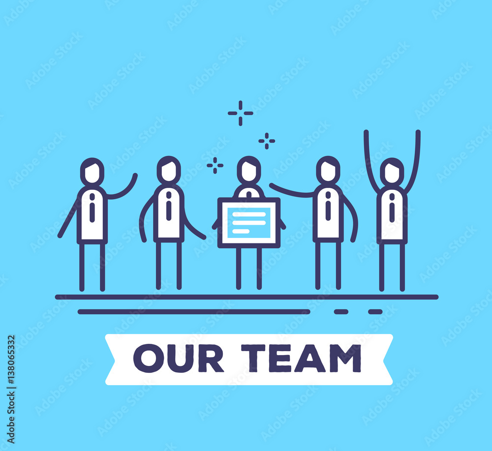 Vector business illustration of men in suits standing together and holding a board on blue background with title. Vector business illustration of men in suits standing together and holding a board on blue background with title.