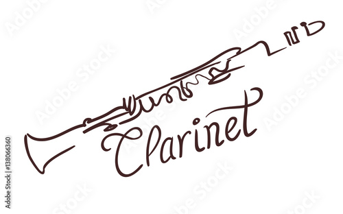 Valokuvatapetti Clarinet line art drawing on white. vector illustration